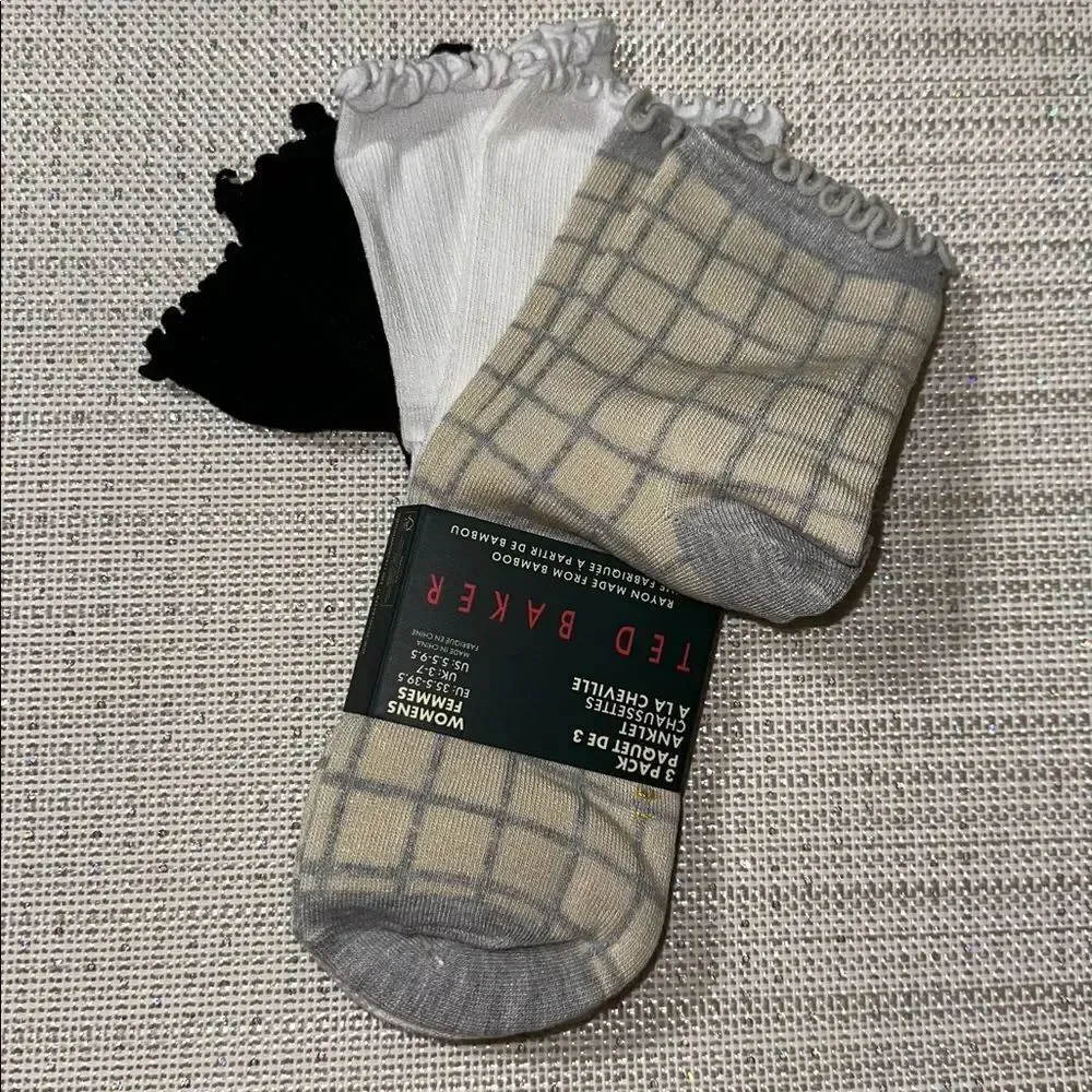 Ted Baker Gray Beige Plaid Black White Dress Crew Cut Bamboo Blend Socks 3 pack